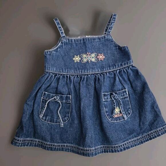 VTG Oshkosh B'Gosh Baby Denim Dress With Embroidered Flowers Butterfly - N4 - Picture 1 of 8